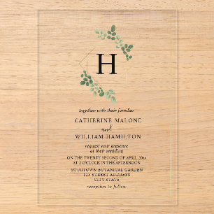 Invitations En Acrylique Mariage Monogramme Géométrique Botanique Blanc