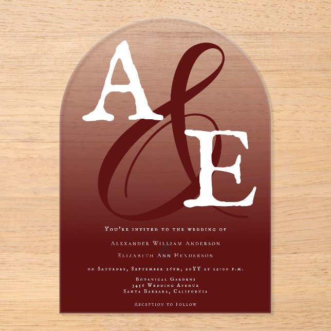 Invitations En Acrylique Mariage Monogramme minimaliste rouge (Recto)