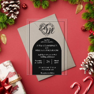 Invitations En Acrylique Mariage Monogramme noir et blanc classique