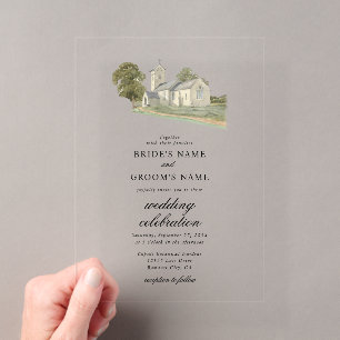 Invitations En Acrylique Mariage Monogramme Traditionnel Église Aquarelle