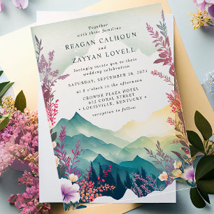Invitations En Acrylique Mariage Montagnes Printanières Floral Aquarelle