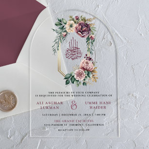 Invitations En Acrylique Mariage Musulman à Crête Fleurie Or Violet Poussié