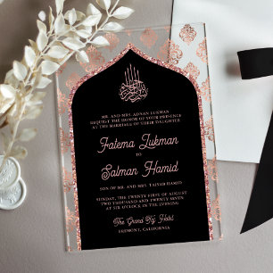 Invitations En Acrylique Mariage Musulman à l'Arche en Or de Rose Noire Dam