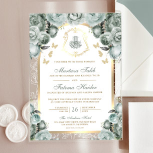 Invitations En Acrylique Mariage Musulman Arc Floral Vert Sauge Doré