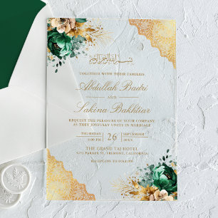 Invitations En Acrylique Mariage Musulman Broderie Florale Émeraude et Or