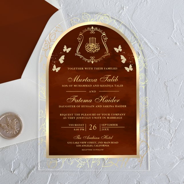 Invitations En Acrylique Mariage musulman Burange Orange Gold Butterfly Arc (Créateur téléchargé)