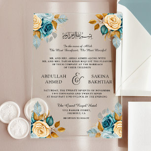 Invitations En Acrylique Mariage Musulman Crème Bleu Floral Or