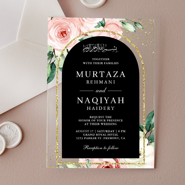 Invitations En Acrylique Mariage musulman de l'arc noir rose (Créateur téléchargé)