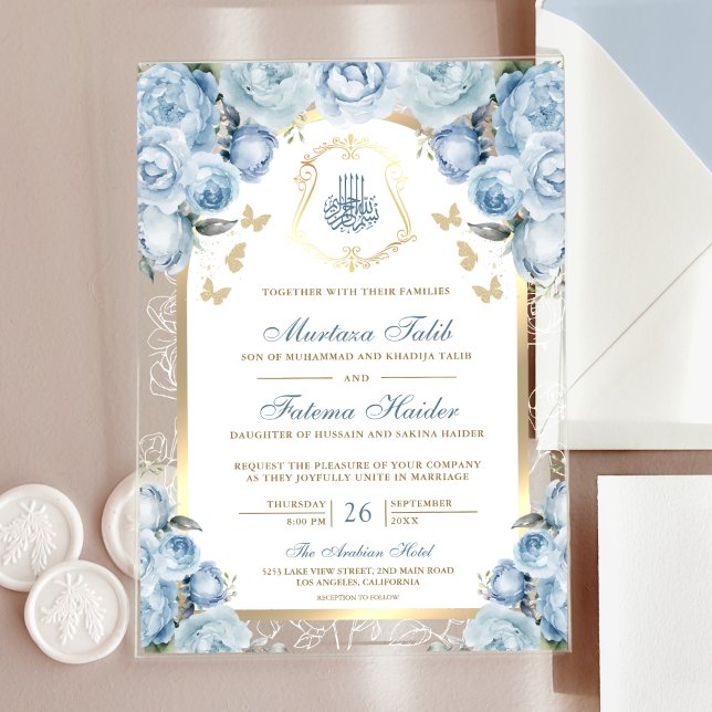 Invitations En Acrylique Mariage musulman de l'Arche d'or bleu doux (Créateur téléchargé)
