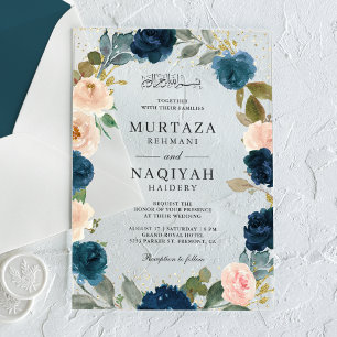 Invitations En Acrylique Mariage Musulman Fleurs Bleu Nuit et Pêche