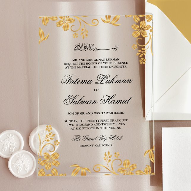 Invitations En Acrylique Mariage musulman islamique à fleurs dorées (Créateur téléchargé)