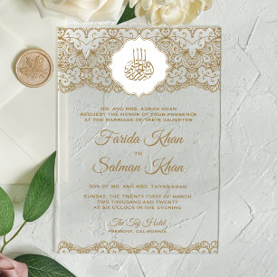 Invitations En Acrylique Mariage Musulman Islamique Dentelle Dorée