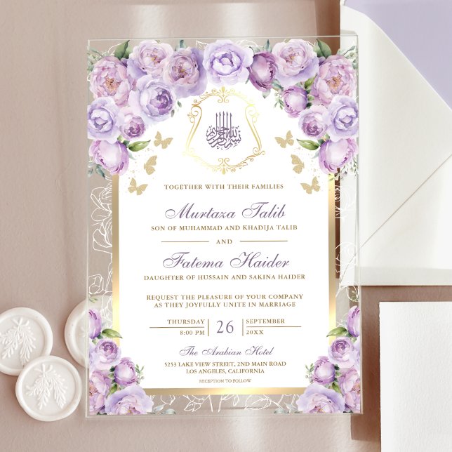 Invitations En Acrylique Mariage musulman Lavender Purple Floral Arch or (Créateur téléchargé)