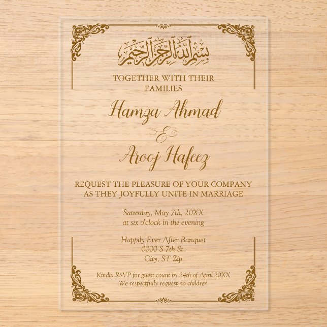 Invitations En Acrylique Mariage musulman moderne de l'Islam de l'or (Recto)