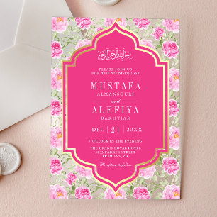 Invitations En Acrylique Mariage Musulman Motif Floral Rose Or Fuchsia