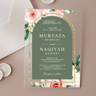 Invitations En Acrylique Mariage Musulman sous une Arche de Sauge Verte ave