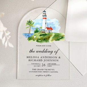 Invitations En Acrylique Mariage nautique avec phare à l'aquarelle rustique