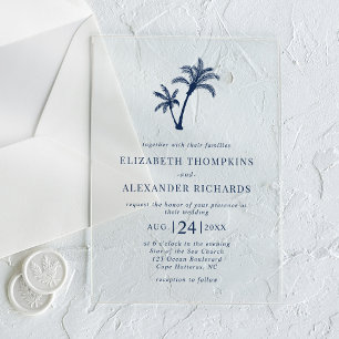 Invitations En Acrylique Mariage Nautique Palmier Plage Tropicale Navy