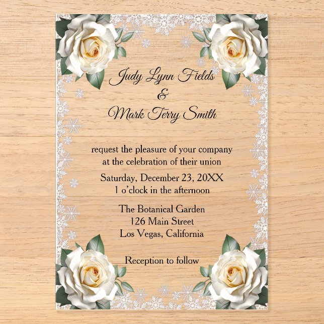 Invitations En Acrylique Mariage Noël Flocon de Neige Roses Blanches (Recto)