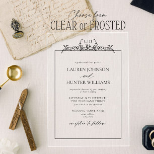 Invitations En Acrylique Mariage noir blanc floral bordure 