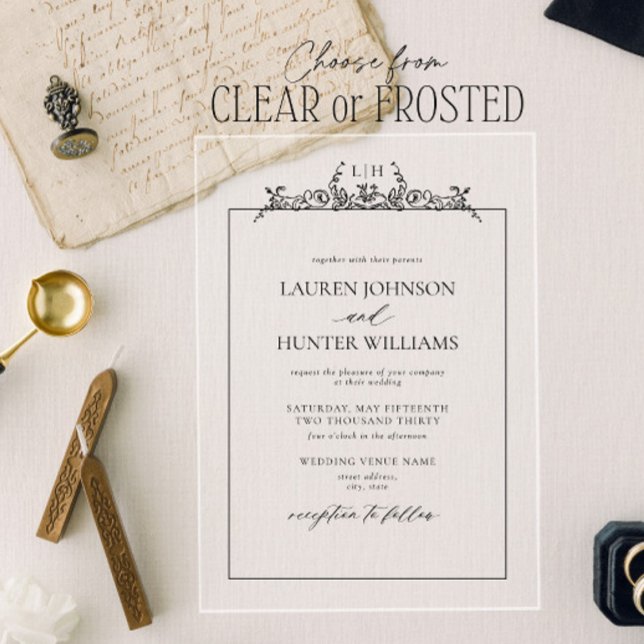 Invitations En Acrylique Mariage noir blanc floral bordure  (Créateur téléchargé)