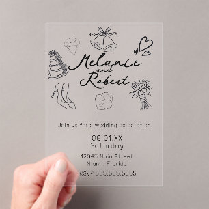 Invitations En Acrylique Mariage noir et blanc de gribouillis fantaisistes