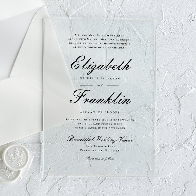 Invitations En Acrylique Mariage noir et blanc formel à l'écriture ornée (Créateur téléchargé)