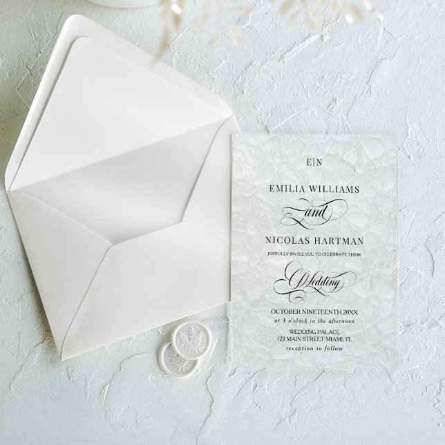 Invitations En Acrylique Mariage noir et blanc Old Money Monogram (Créateur téléchargé)