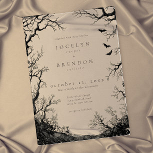 Invitations En Acrylique Mariage noir gravure d'arbre de chauve-souris goth