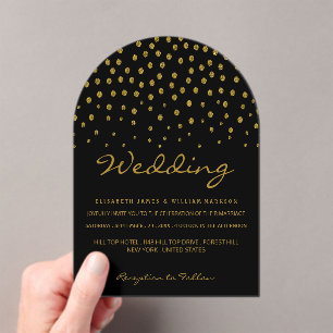 Invitations En Acrylique Mariage - Noir & Or - Pois Dorés