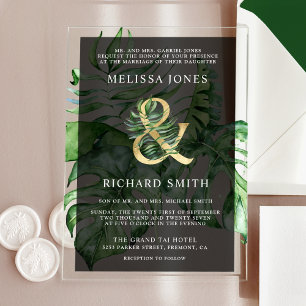 Invitations En Acrylique Mariage Noir Palm Monstera Gold Tropical 