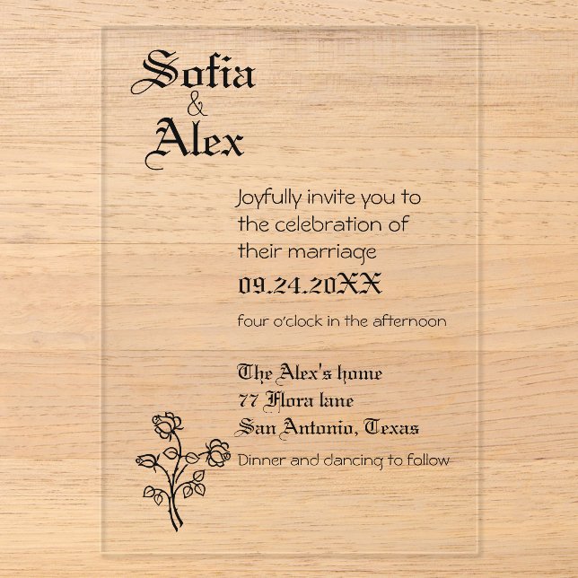 Invitations En Acrylique Mariage noir typographie gothique  (Recto)