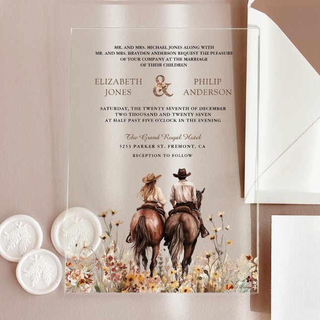 Invitations En Acrylique Mariage Occidental Boho Couple à Cheval (Créateur téléchargé)