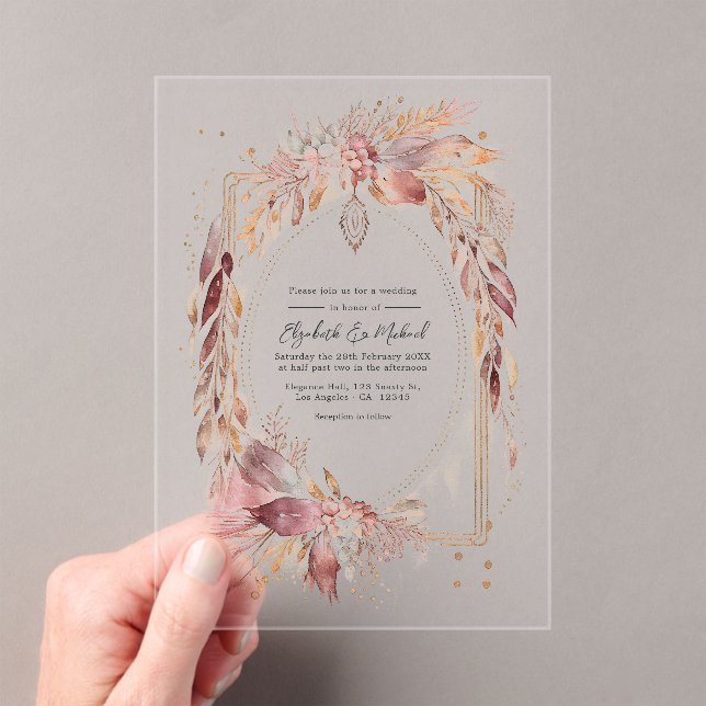Invitations En Acrylique Mariage occidental floral bohème transparent (In situ (ordinateur de poche))