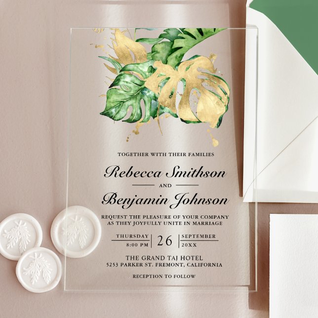 Invitations En Acrylique Mariage Palmier Tropical Monstera Or (Créateur téléchargé)