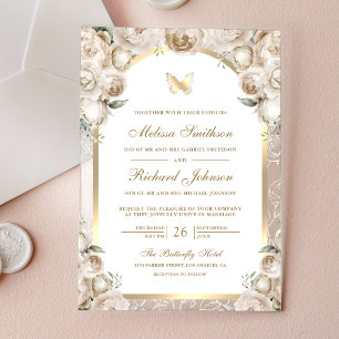 Invitations En Acrylique Mariage Papillon Arc Doré Fleur Crème d'Ivoire