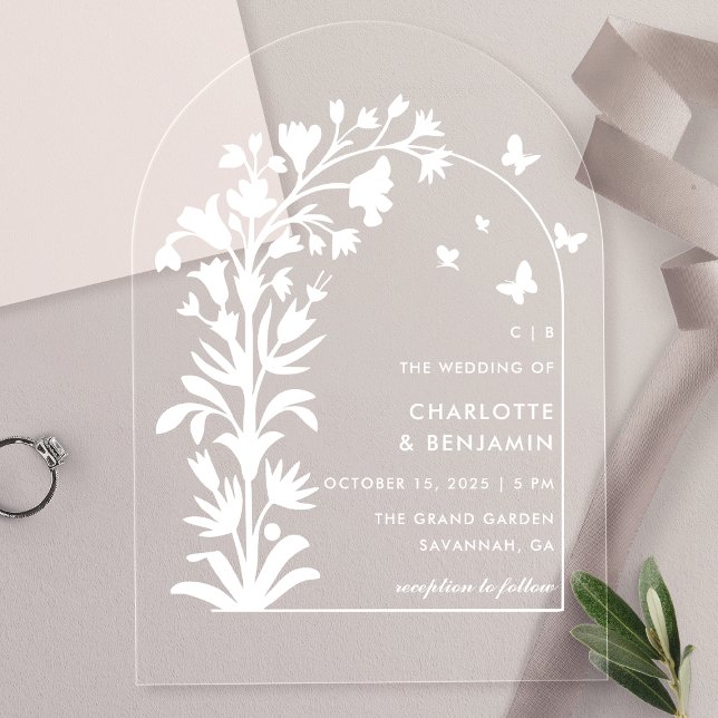 Invitations En Acrylique Mariage papillon botanique blanc arqué (Créateur téléchargé)