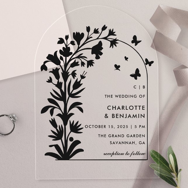Invitations En Acrylique Mariage papillon botanique noir arqué (Créateur téléchargé)