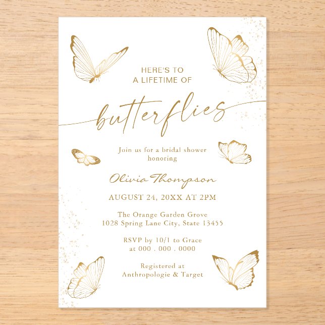 Invitations En Acrylique Mariage Papillon en Or Blanc (Recto)