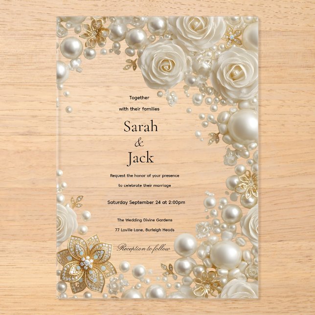 Invitations En Acrylique Mariage Perle Rose et Diamants  (Recto)