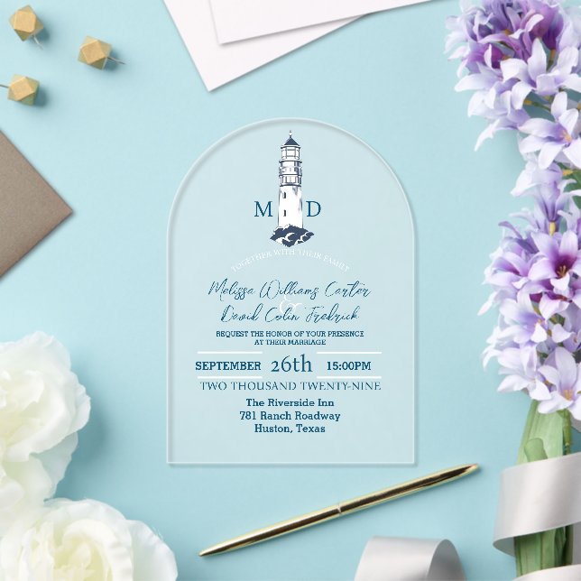 Invitations En Acrylique Mariage Phare Naustique Plage Côtière  (Insitu (Mariage))