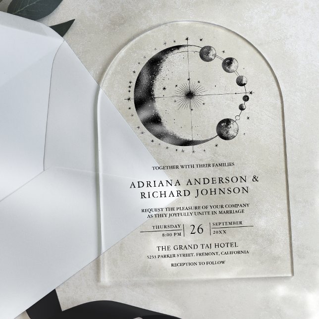 Invitations En Acrylique Mariage Phases de Lune Croissant Noir Céleste (Créateur téléchargé)