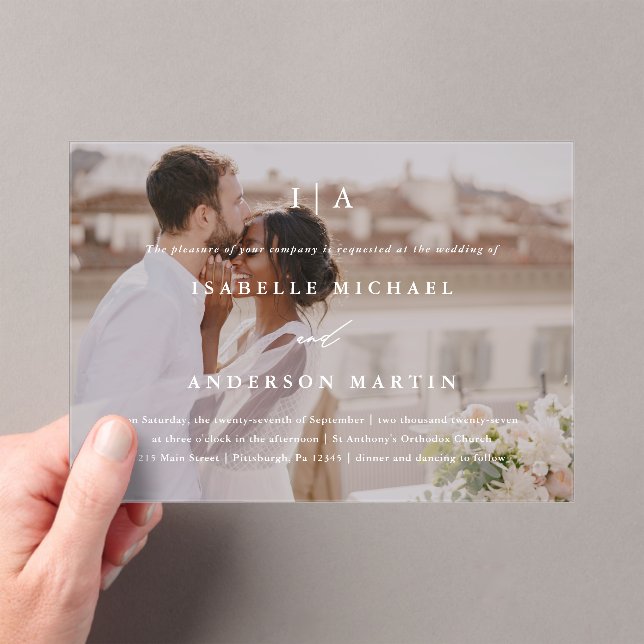 Invitations En Acrylique Mariage photo classique blanc monogramme calligrap (In situ (ordinateur de poche))