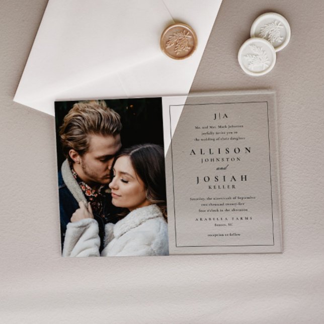 Invitations En Acrylique Mariage Photo Élégant Monogramme Classique (Simple monogram acrylic photo wedding invitation.)