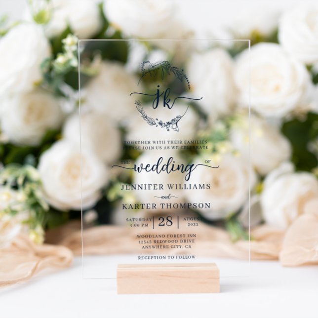 Invitations En Acrylique Mariage photo Floral Wreath Navy Blue Monogram (Créateur téléchargé)