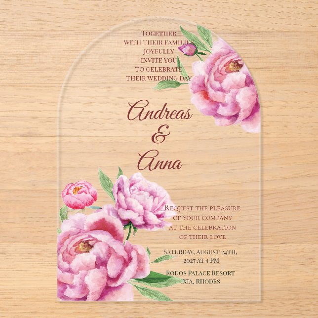 Invitations En Acrylique Mariage Pivoine (Recto)