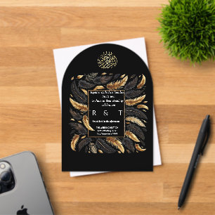 Invitations En Acrylique mariage plumes or et noires