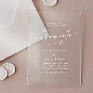 Invitations En Acrylique Mariage Portugais Écriture Moderne Blanche