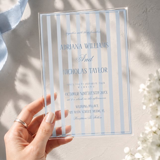 Invitations En Acrylique Mariage rayé bleu poussiéreux (Créateur téléchargé)
