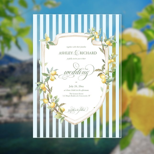 Invitations En Acrylique Mariage Rayure Côtière Méditerranéenne au Citron (elegant mediterranean lemon coastal pale blue stripe wedding acrylic invitation)